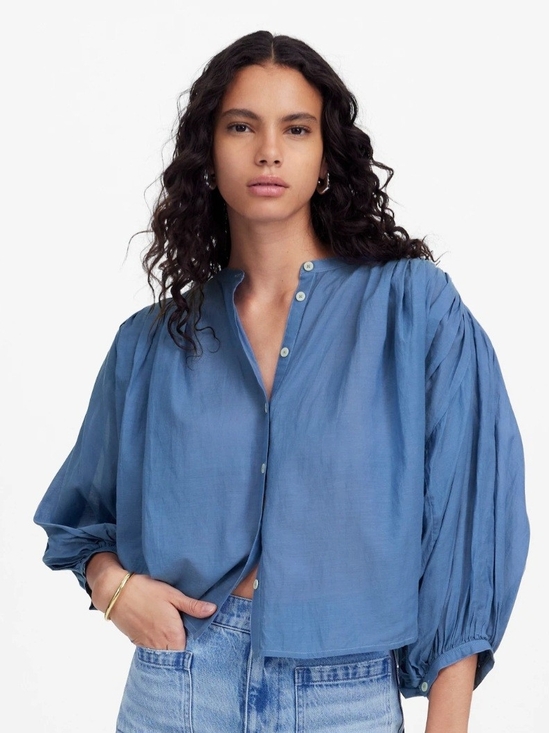 Madewell Tops - Madewell Shirred Blue Button-Front Blouse